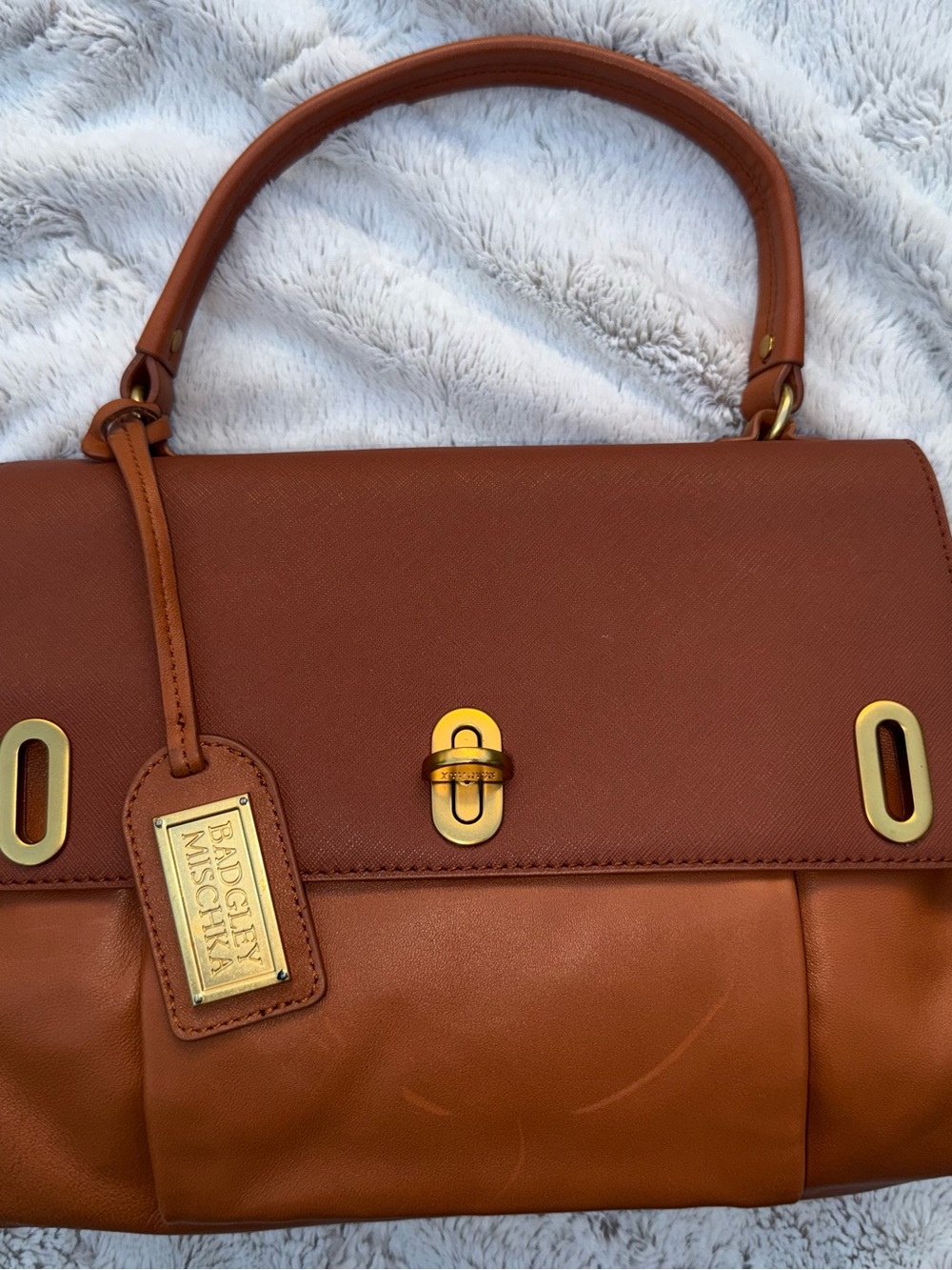 Badgley Mischka Cognac/Tan Leather Satchel with Gold Hardware